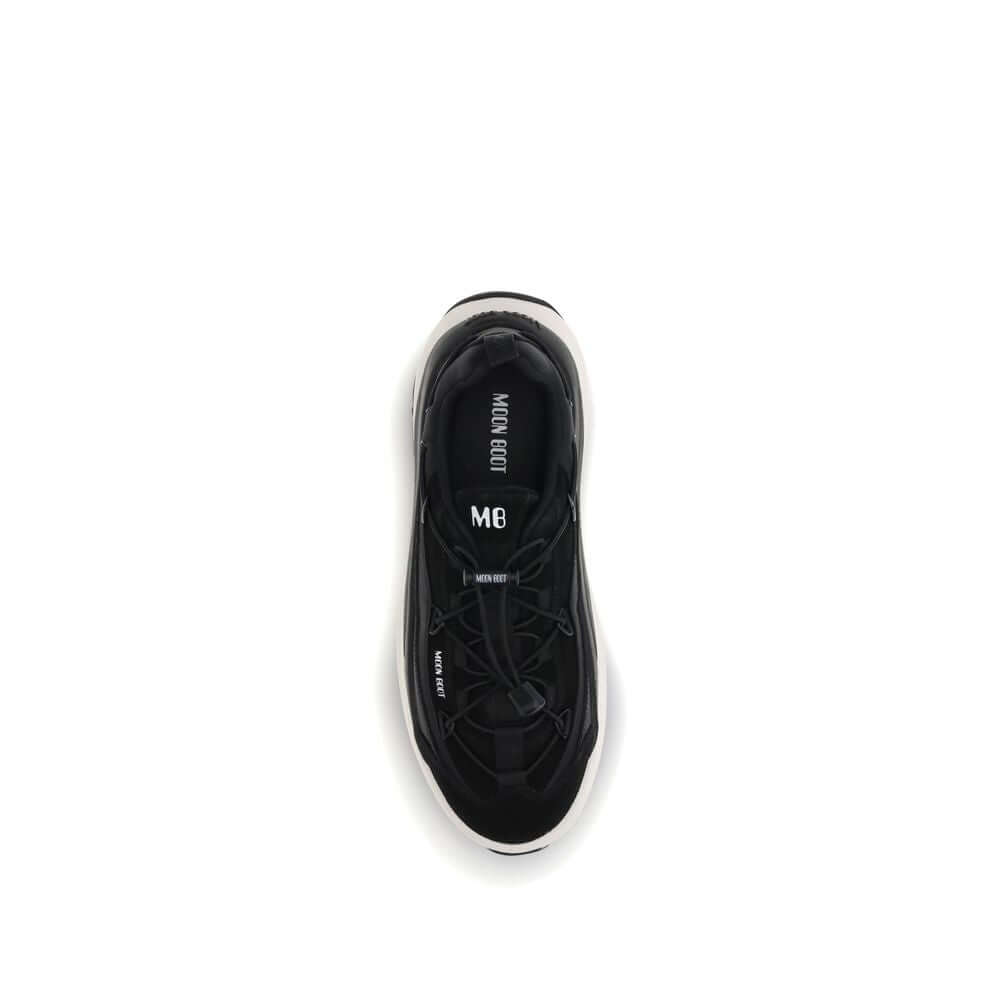 Top view of Moon Boot Black Polyester Athletic Sneakers with crisscross laces and embossed logo.