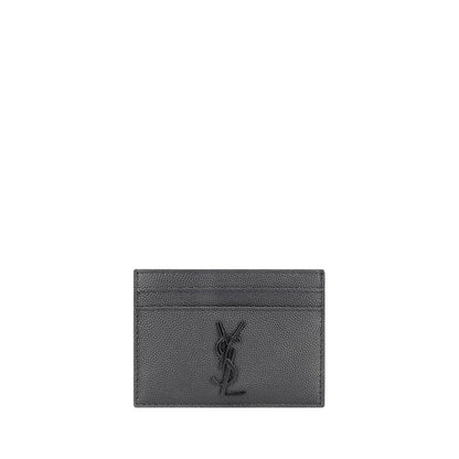 Saint Laurent Gray Calf Leather Bos Taurus Wallet with black embossed logo and card slots, designer calfskin accessory for AW25 season.