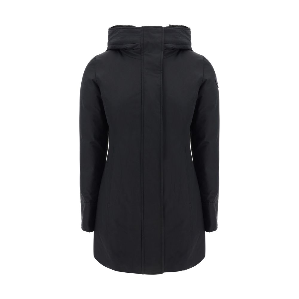 Back view of Woolrich Black Nylon Parka with hood, padded inner lining, and brand logo patch on shoulder for AW25 season.