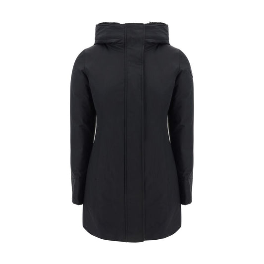 Back view of Woolrich Black Nylon Parka with hood, padded inner lining, and brand logo patch on shoulder for AW25 season.