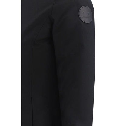 Close-up of Woolrich Black Nylon Parka with iconic logo patch, highlighting the sleek design and quality fabric.