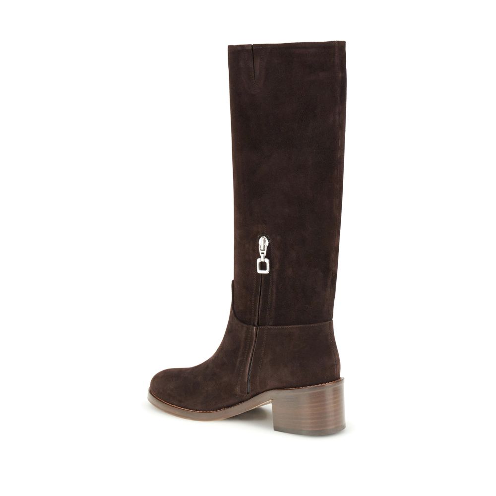 Carel Paris Brown Leather High Heel Boots with equestrian style, knee-high design, zip fastening, and 5 cm heel.
