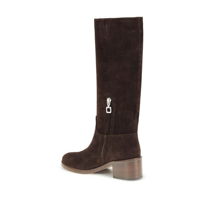 Carel Paris Brown Leather High Heel Boots with equestrian style, knee-high design, zip fastening, and 5 cm heel.