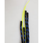 Climbing rope cord with blue and neon yellow strands, isolated on a light gray background.