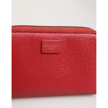 Dolce & Gabbana Red Leather Zip Around Logo Plaque Men Coin Purse Wallet
