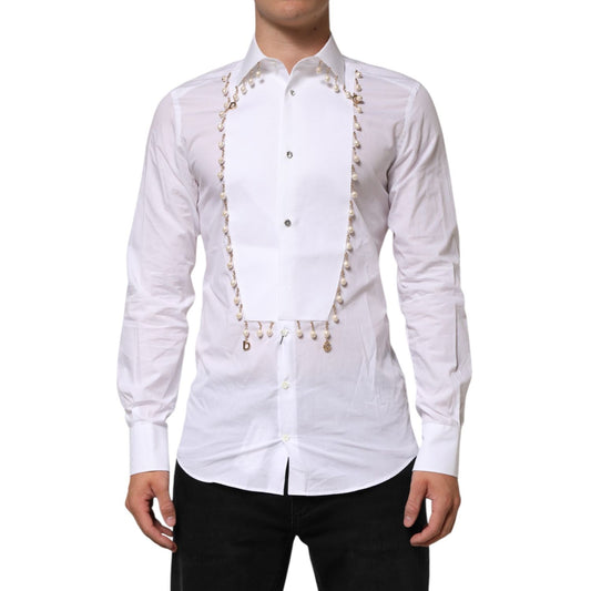 Dolce & Gabbana White Cotton DG Logo Pearl Chain Formal Shirt with gold-tone chain and pearl detailing, button front design.