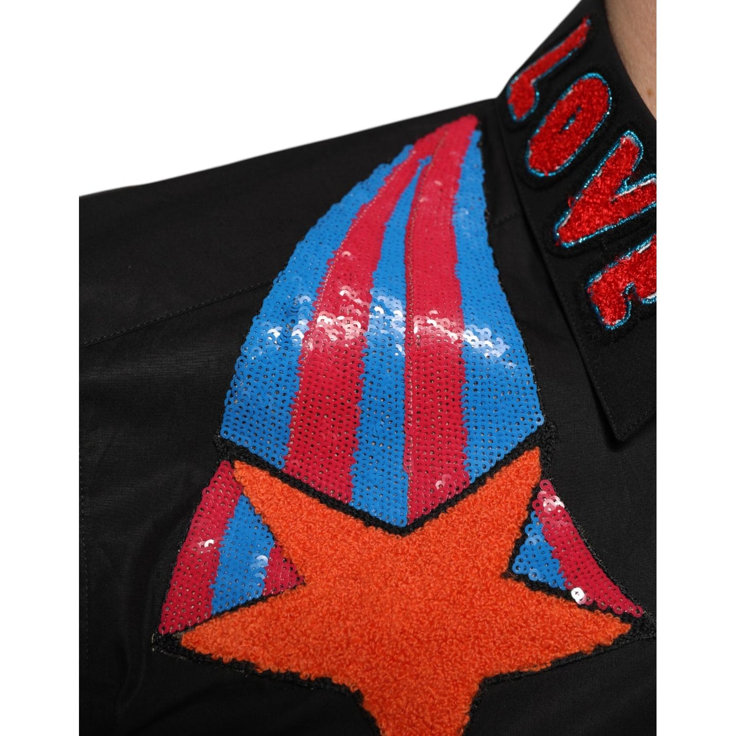 Dolce & Gabbana Black Cotton Star Sequin Dress Formal Men Shirt