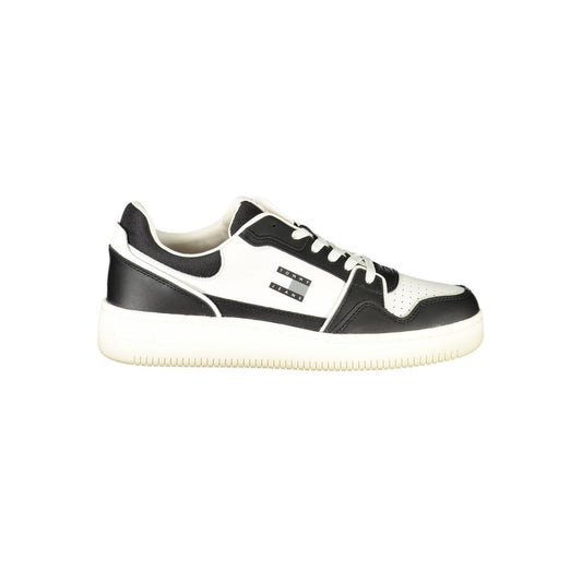 Tommy Hilfiger Black Leather Men Sneaker with white contrasting details and iconic Tommy logo, offering style and tailored comfort.