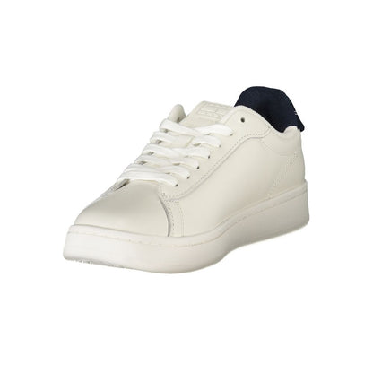 Tommy Hilfiger White Leather Women Sneaker with blue accents and logo.