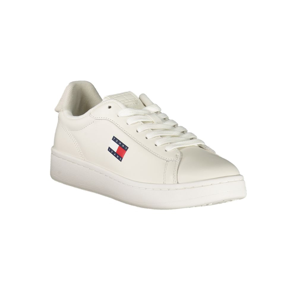 Tommy Hilfiger White Leather Women Sneaker with iconic logo, showcasing sporty luxury and comfort for on-the-go fashionistas.