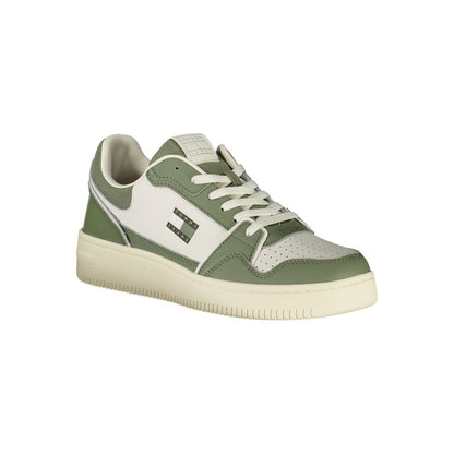 Tommy Hilfiger Green Leather Men Sneaker with white accents and iconic logo, featuring a removable footbed for ultimate comfort.