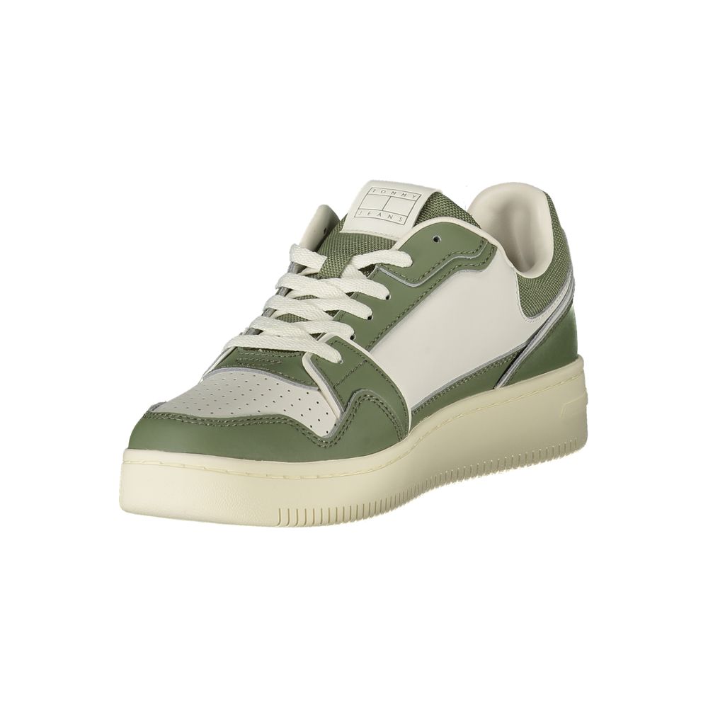 Tommy Hilfiger Green Leather Men Sneaker with white accents and removable footbed, showcasing modern design and iconic branding.
