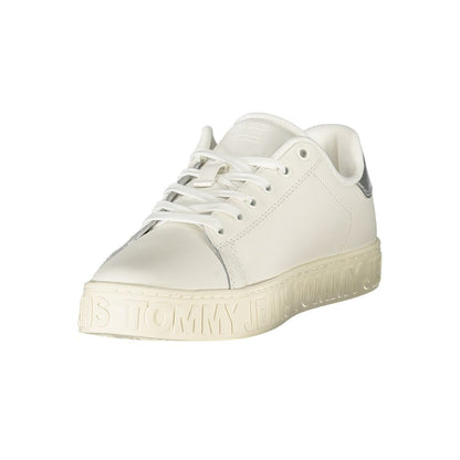 Tommy Hilfiger White Leather Women Sneaker with silver accents and logo, showcasing style and comfort for the modern trendsetter.