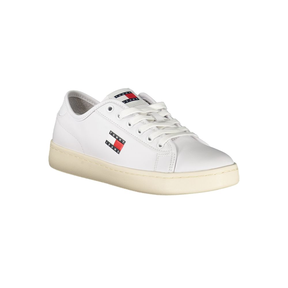 Tommy Hilfiger White Leather Women Sneaker with logo, featuring athletic flair and iconic style, perfect for trendsetters seeking comfort.