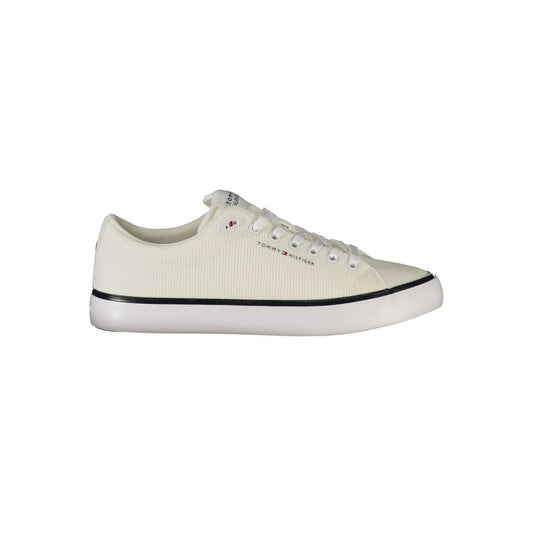 Tommy Hilfiger White Polyester Men Sneaker with sleek design and signature logo, offering style and comfort for trend-setters.