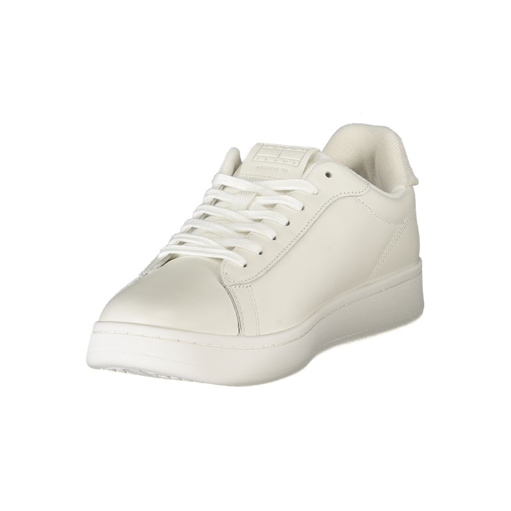 Tommy Hilfiger White Leather Men Sneaker with grey accents and logo; classic American style footwear for fashion-forward men.