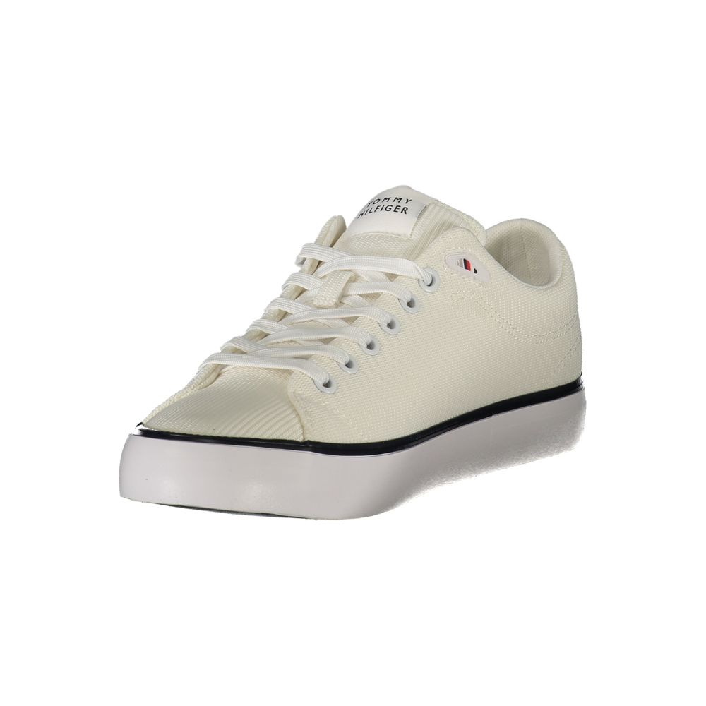 Tommy Hilfiger White Polyester Men Sneaker in sleek white design with signature logo, showcasing stylish comfort and cushioned support for active wearers.
