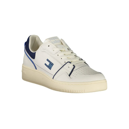 Tommy Hilfiger White Leather Men Sneaker with blue accents and logo, sporty design perfect for jeans and all-day comfort.