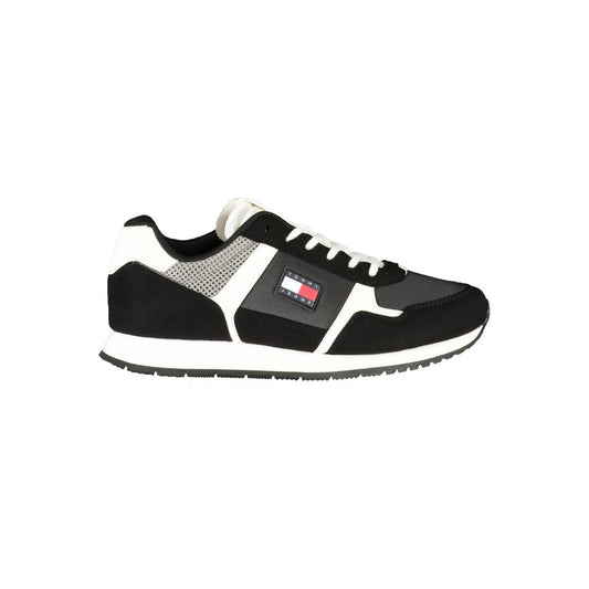 Alt Tag: "Tommy Hilfiger Black Polyester Men Sneaker with logo, athletic design, and removable footbed for comfort."