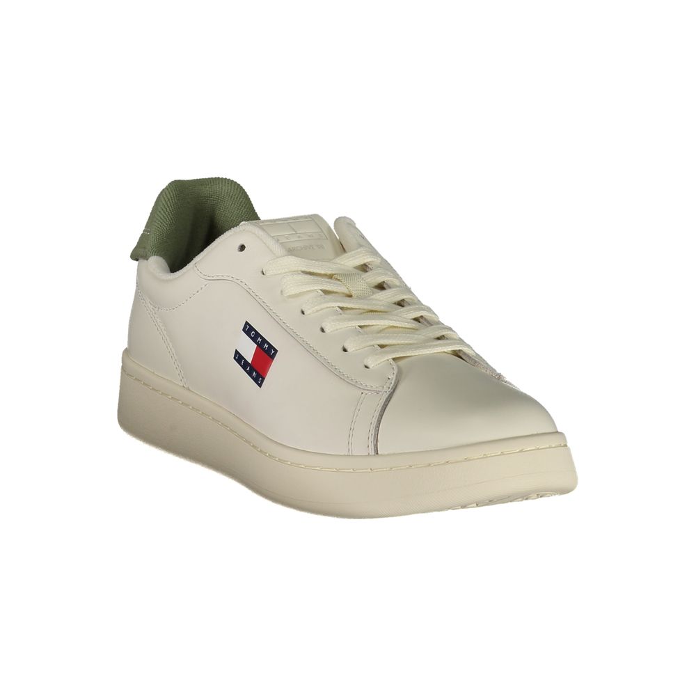 Tommy Hilfiger White Leather Men Sneaker with green accents and logo, offering customizable comfort and iconic style.