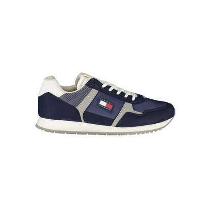 Tommy Hilfiger Blue Polyester Men Sneaker with iconic logo and removable footbed, featuring a stylish design perfect for casual wear.