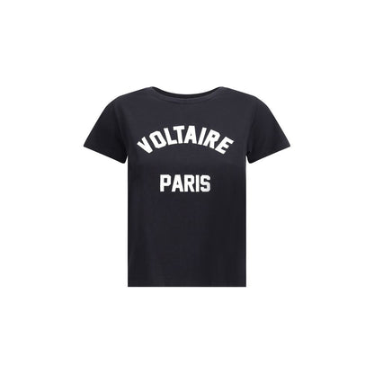 Zadig & Voltaire Black Cotton T-Shirt with Voltaire Paris logo, ribbed crew neck, AW25 collection, 100% cotton for casual contemporary style.