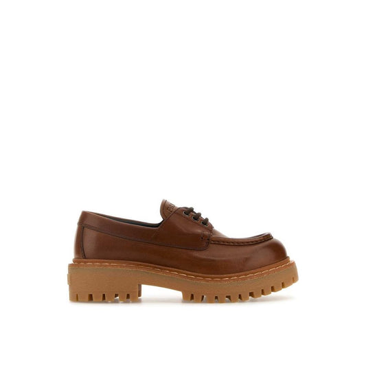 Prada St. Moritz Derby Loafers in brown calf leather with lace-up closure and logo detail, made in Italy, featuring rubber sole for women.