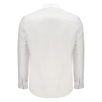 Back view of Calvin Klein White Cotton Men Shirt, showcasing long sleeves and sophisticated design.