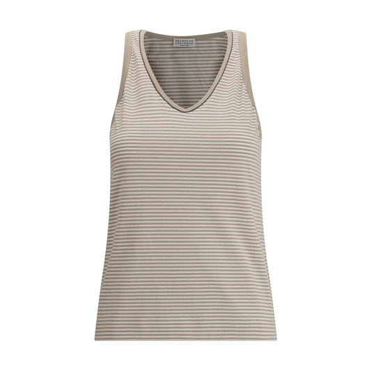 Brunello Cucinelli Beige Cotton Top with wide neckline and subtle stripes, elegant design for AW25 season.