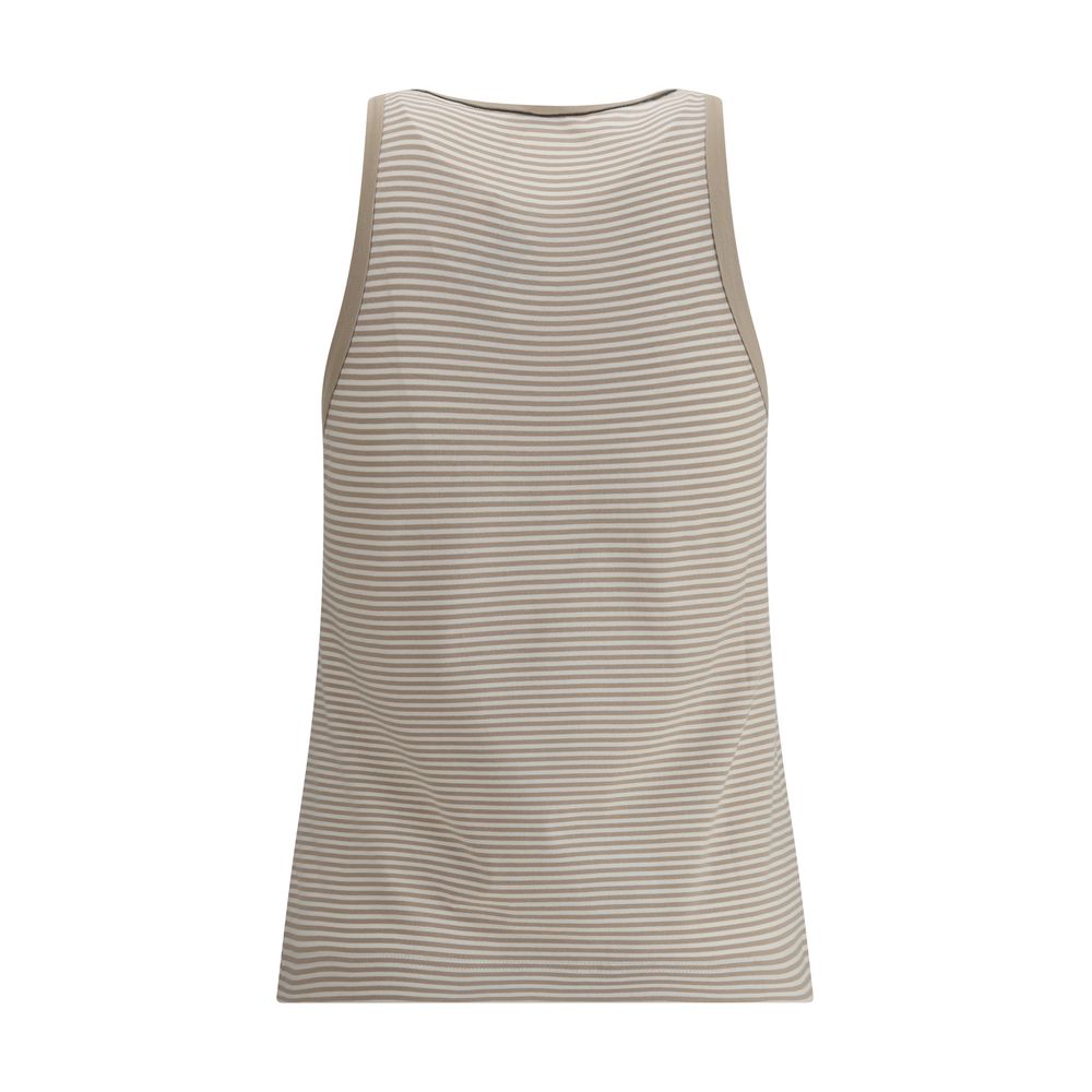 Brunello Cucinelli Beige Cotton Top with shiny neckline and striped pattern, showcasing elegance and modern design for A/W season.