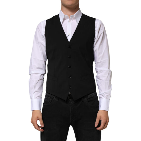 Dolce & Gabbana Black Wool Dress Formal Men Waistcoat Vest on a model, tailored for elegant formal occasions.