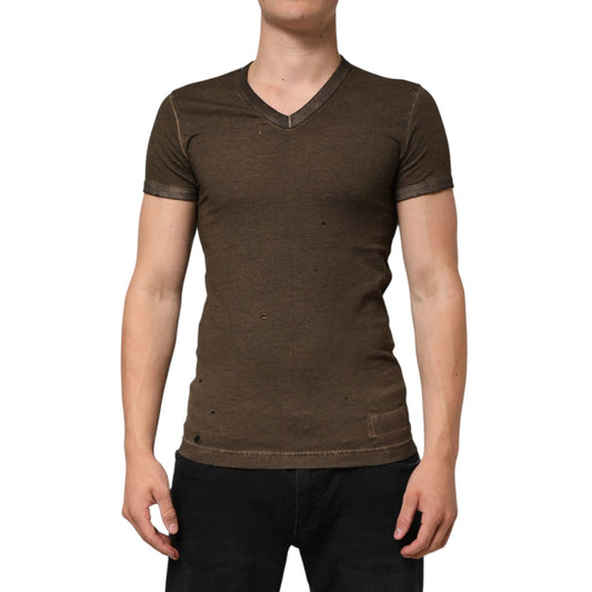 Dolce & Gabbana Dark Brown Cotton Tattered Logo Men T-shirt
