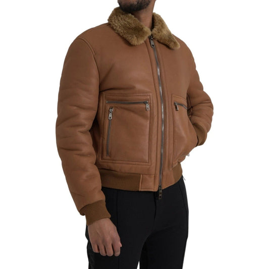 Dolce & Gabbana Brown Leather Fur Button Biker Coat Jacket JKT4050-52