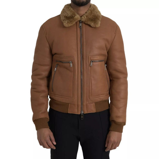 Dolce & Gabbana Brown Leather Fur Button Biker Coat Jacket JKT4050-52