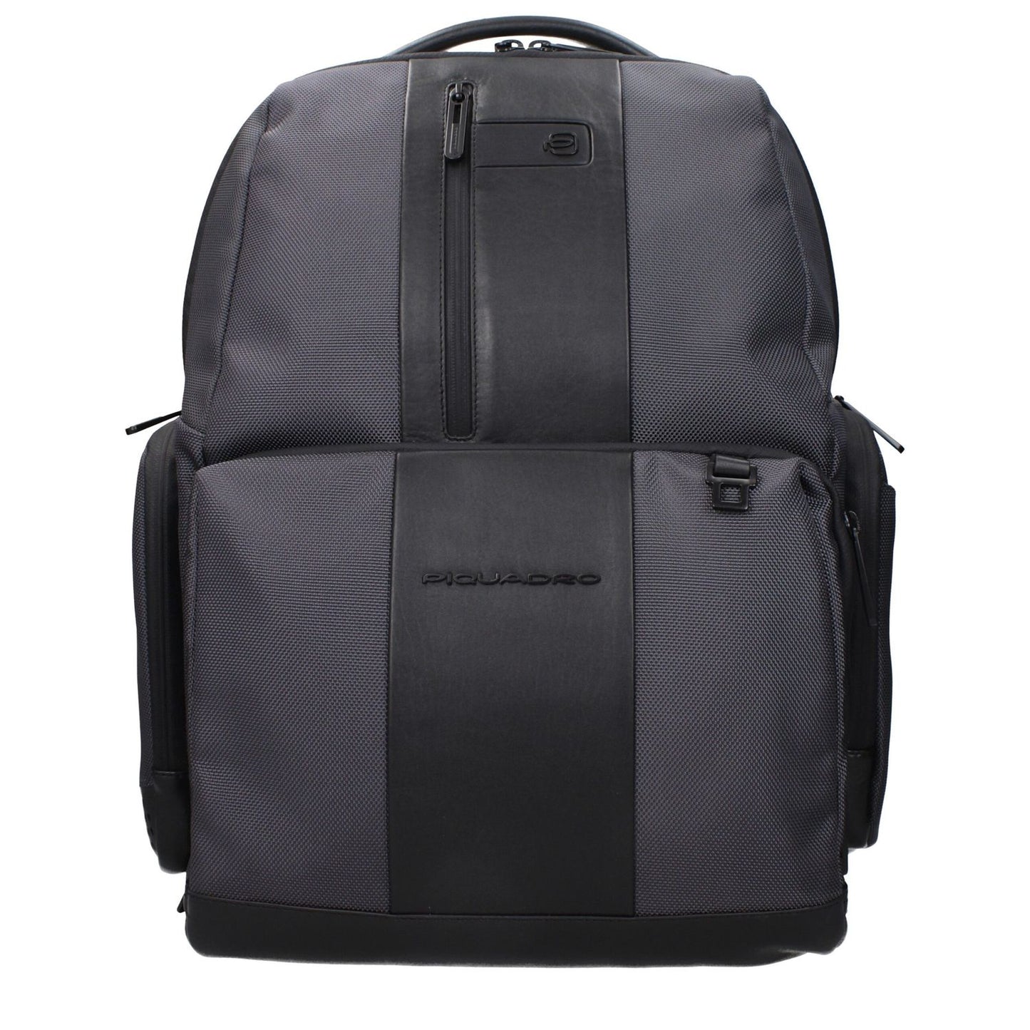 Piquadro Gray Nylon Backpack made of recycled nylon, featuring front and back logos, adjustable straps, iPad/PC case, RFID, water resistant.