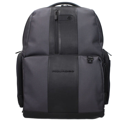Piquadro Gray Nylon Backpack made of recycled nylon, featuring front and back logos, adjustable straps, iPad/PC case, RFID, water resistant.