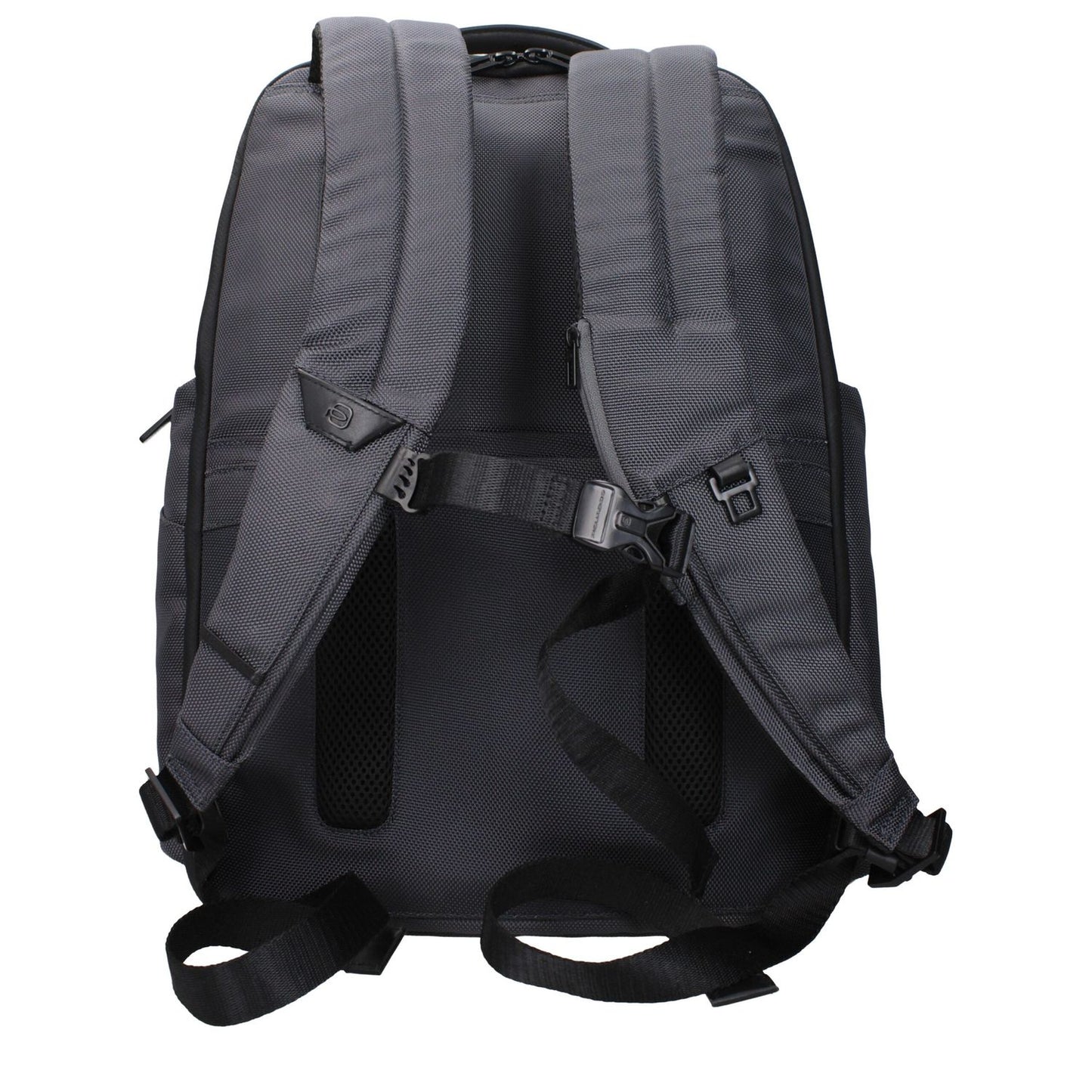 Back view of Piquadro Gray Nylon Backpack with adjustable straps, featuring RFID protection and water-resistant recycled material.
