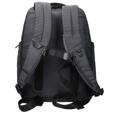 Back view of Piquadro Gray Nylon Backpack with adjustable straps, featuring RFID protection and water-resistant recycled material.