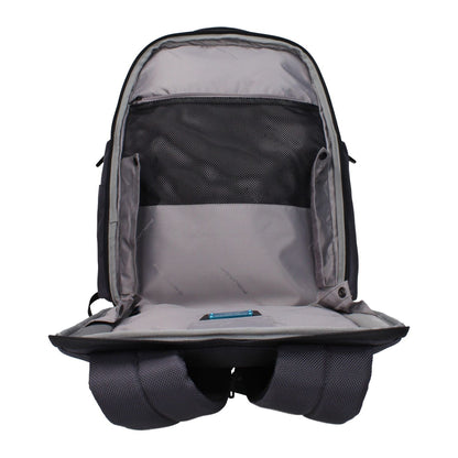 Open Piquadro Gray Nylon Backpack showing interior compartments for iPad/PC, RFID, water-resistant design.