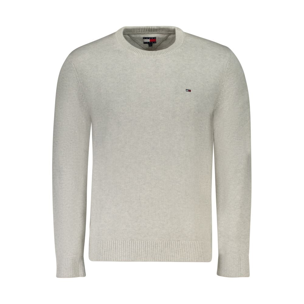 Tommy Hilfiger Gray Cotton Men Sweater, long-sleeved with crew neck, organic cotton, featuring iconic logo and trendy design.
