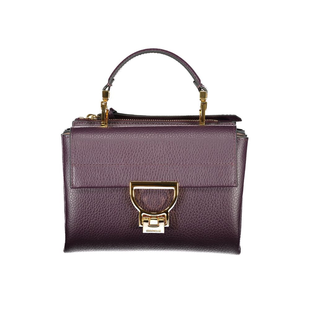 Coccinelle Purple Leather Women Handbag with removable handle and gold hardware, featuring dual compartments and iconic logo.