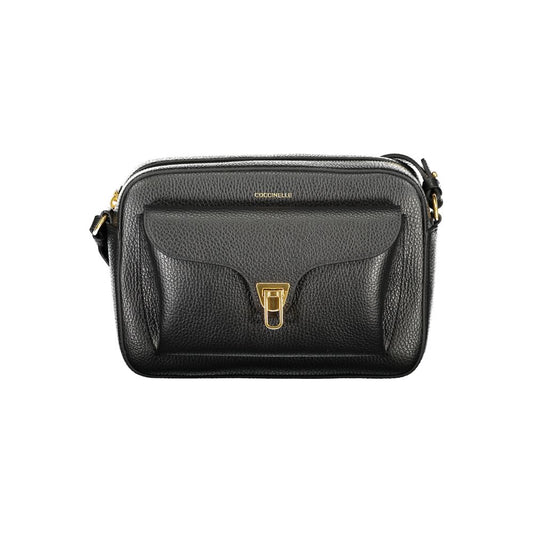 Coccinelle Black Leather Women Handbag with adjustable strap and external pocket with twist closure, Italian-crafted elegance.
