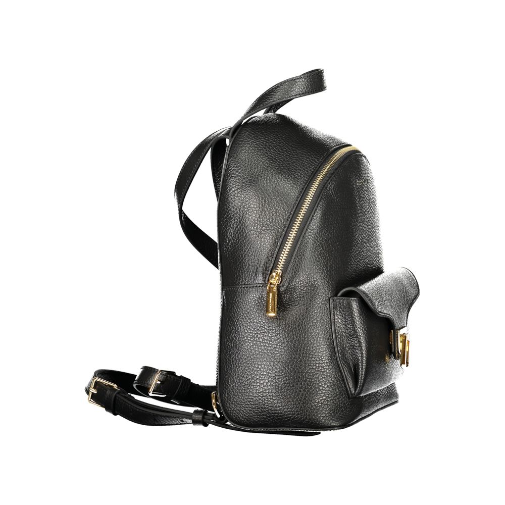 Coccinelle Black Leather Women Backpack with gold zippers and external pocket, side view showing chic design and quality craftsmanship.