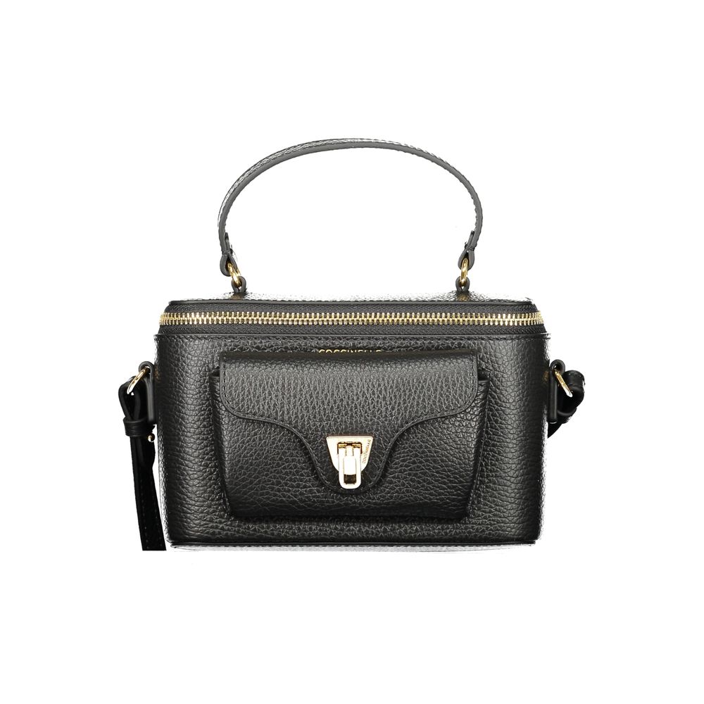 Coccinelle Black Leather Women Handbag with practical external pocket and secure closure, showcasing Italian luxury and style.