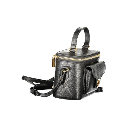 Coccinelle Black Leather Women Handbag with external pocket and adjustable strap, showcasing Italian luxury and functionality.