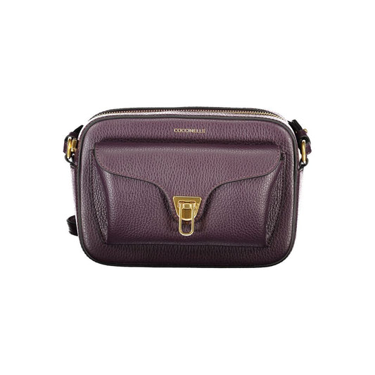 Coccinelle Purple Leather Women Handbag with gold twist closure and adjustable strap, showcasing Italian craftsmanship.