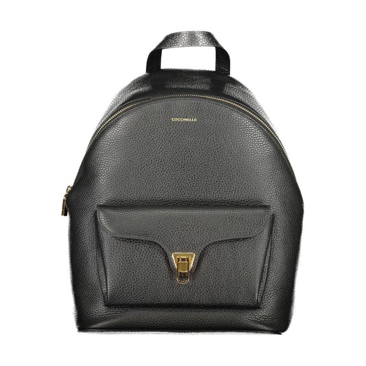 Coccinelle Black Leather Women Backpack with twist closure front pocket and adjustable straps. Elegant design for modern style.
