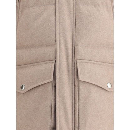 Close-up of Brunello Cucinelli Beige Cashmere Coat showcasing flap pockets and luxurious fabric texture.