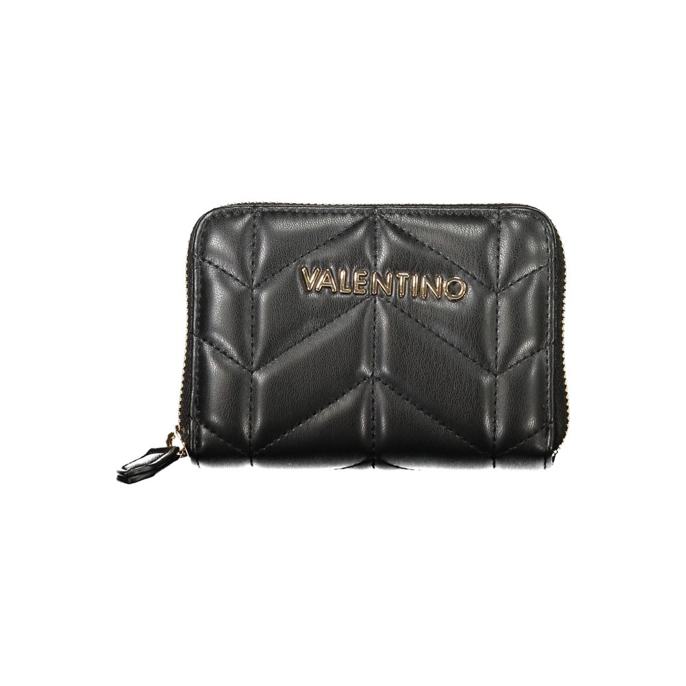 Mario Valentino Black Polyethylene Wallet with zip closure, logo, and contrasting detail, featuring six compartments and coin purse.