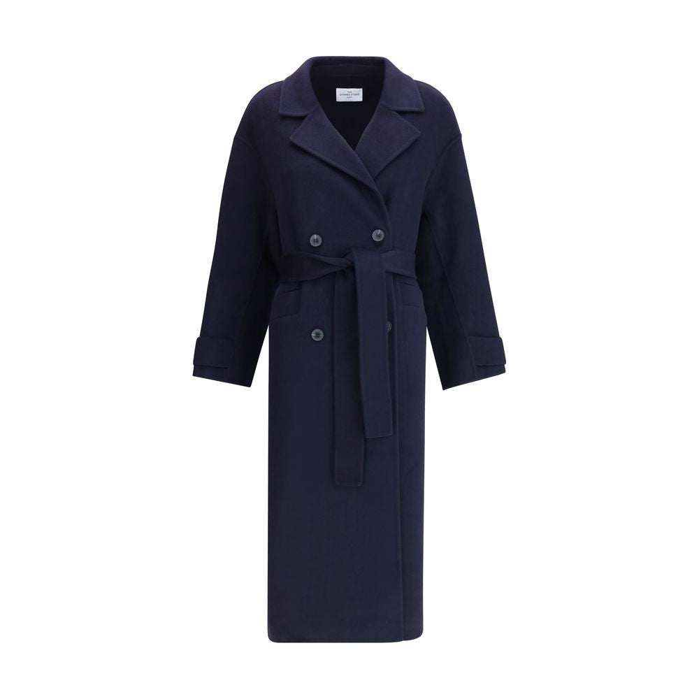 Dynamis Studio Blue Wool Coat, double-breasted, long, with belt, enhances silhouette, front button closure, ideal for any occasion